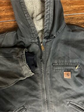 Vintage Carhartt J141 BLK Hooded Jacket Black Faded Workwear Size L Thrashed